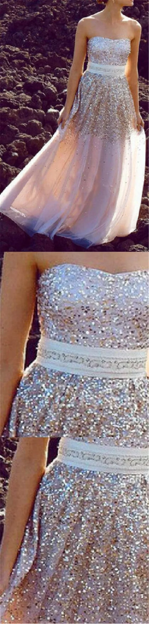 Long A-line With Sash Sweetheart Strapless Sparkle Gold Sequins Charming Evening Prom Dresses,PD0187