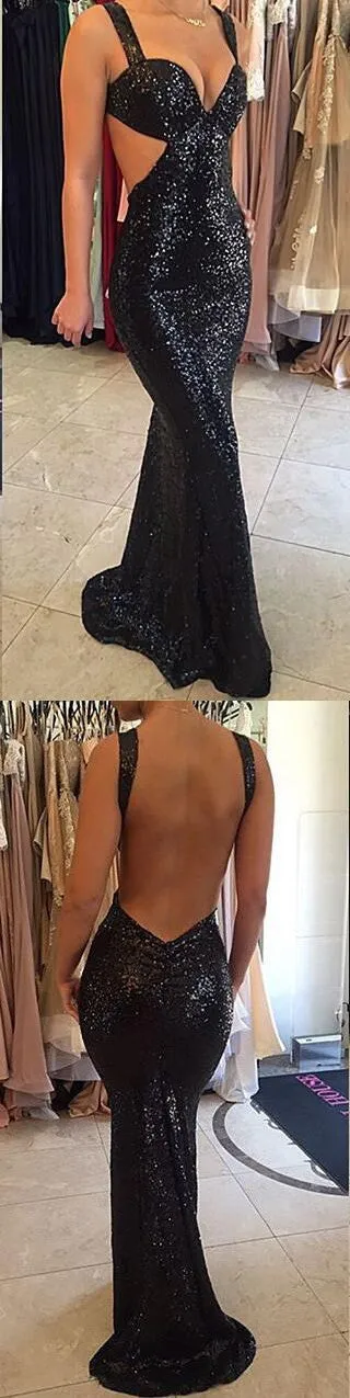 Long Black Sequined Sparkly Sexy Mermaid Backless Spaghetti Strap Evening Party Prom Dresses,PD0200