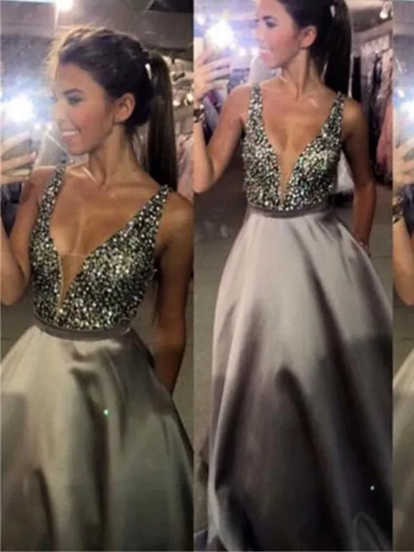 Long Custom Charming V-neck Sexy Popular A-line Sparkly Rhinestone Ball Gown Prom Dress,PD0095