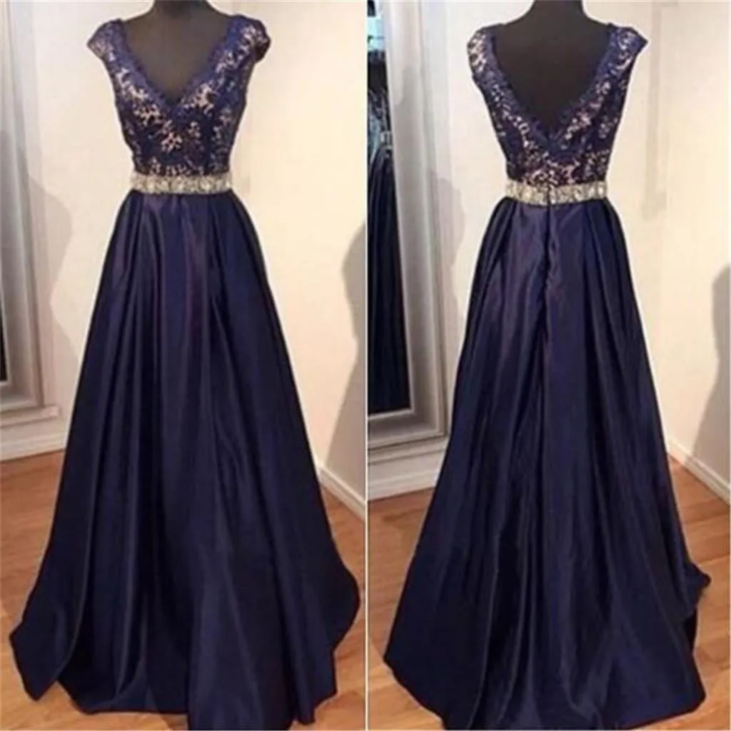 Long Navy Blue Lace Appliques V-neck A-line Elegant Cap Sleeve Evening Party Formal  Prom Dress,PD0176