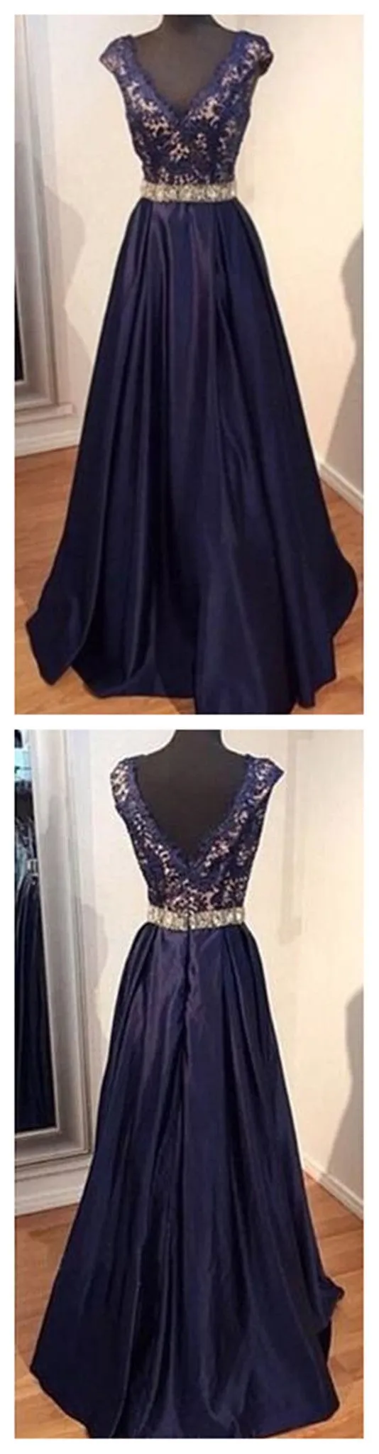 Long Navy Blue Lace Appliques V-neck A-line Elegant Cap Sleeve Evening Party Formal  Prom Dress,PD0176