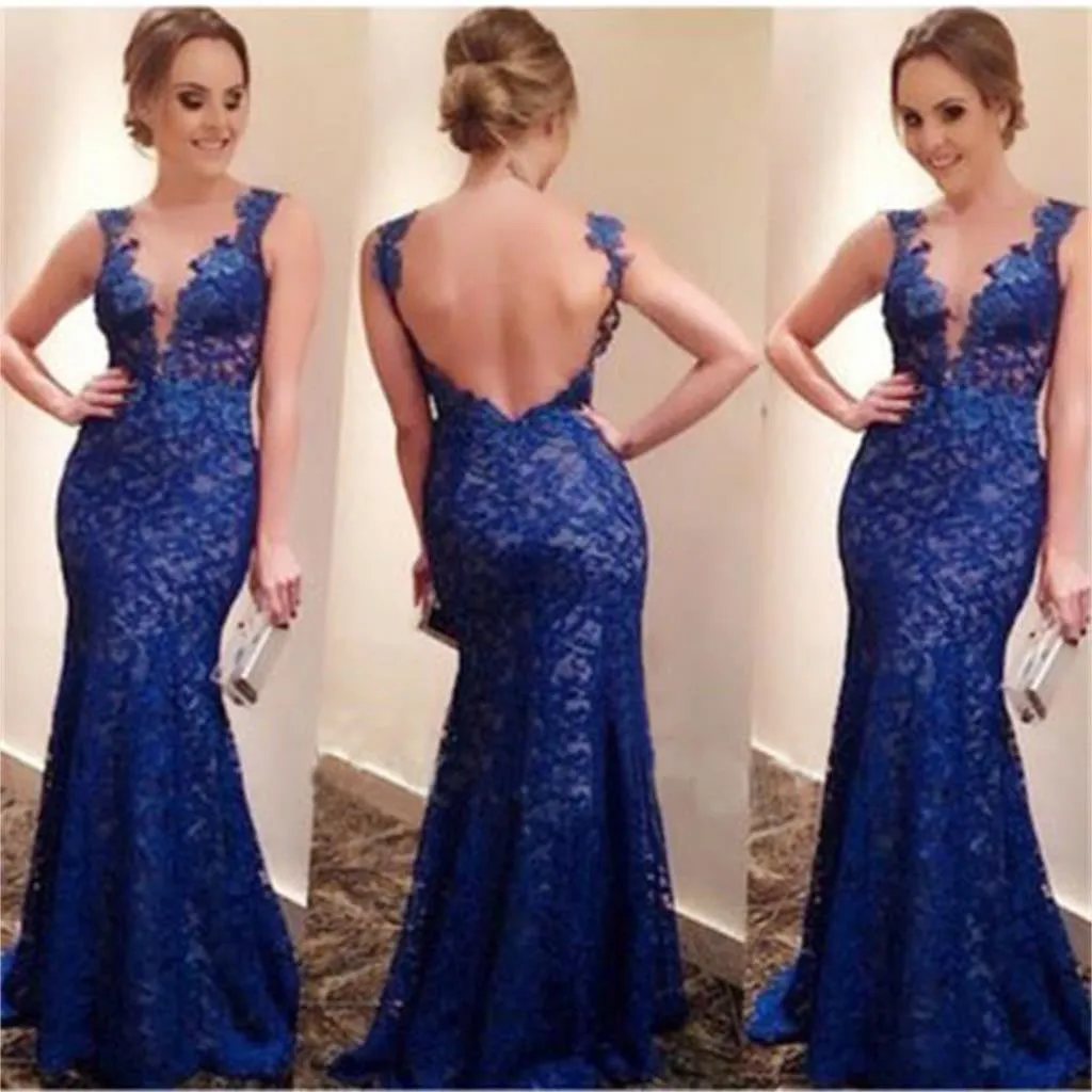 Long Royal Blue Full Lace Sleeveless Mermaid Sexy Backless Evening Party Prom Dresses,PD0110