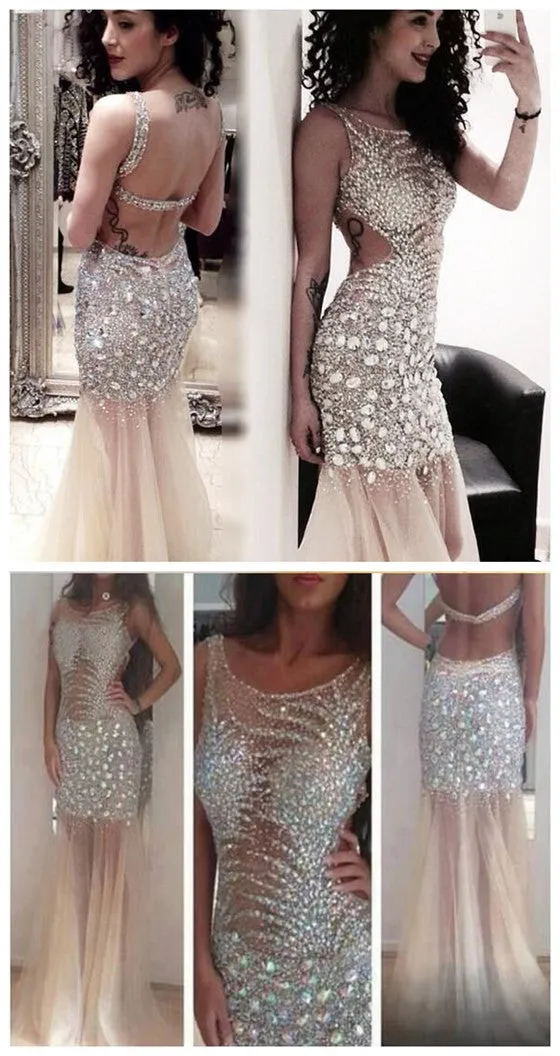 Long Sexy Sparkly Rhinestone Backless Mermaid Clairvoyant Outfit Tulle Evening Party Prom Dresses,PD0102