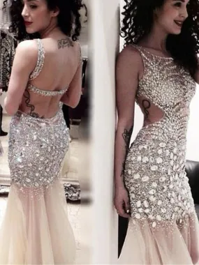 Long Sexy Sparkly Rhinestone Backless Mermaid Clairvoyant Outfit Tulle Evening Party Prom Dresses,PD0102