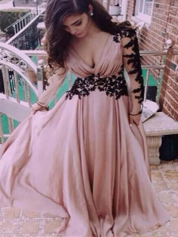 Long Sleeve V-neck Open Unique Back Black Lace Appliques  Dust Pink Chiffon Long A-line High School Prom Dress ,PD0112