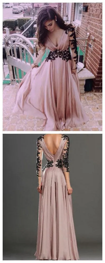 Long Sleeve V-neck Open Unique Back Black Lace Appliques  Dust Pink Chiffon Long A-line High School Prom Dress ,PD0112