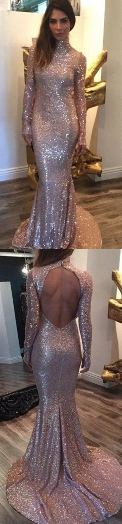 Long Sleeves Sequined High Neck Open Back Sparkly Mermaid Sweep Trailing Custom Party Prom Dresses,PD0174