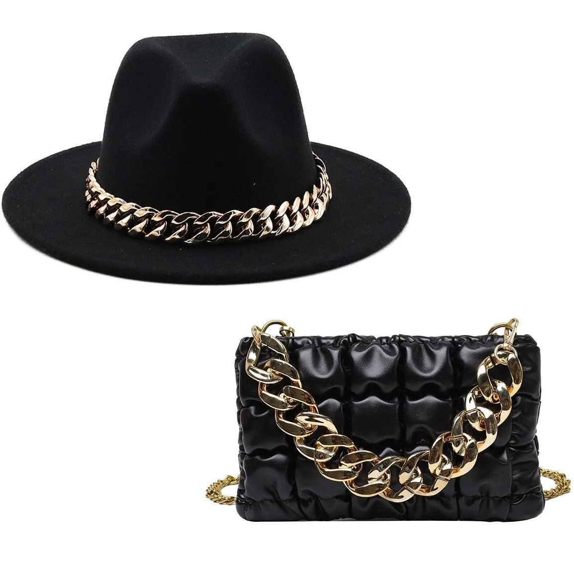 Luxury Fedora Hat And Oversized Chain Handbag