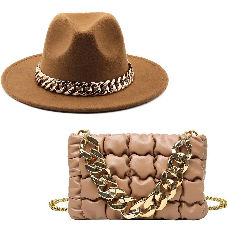 Luxury Fedora Hat And Oversized Chain Handbag