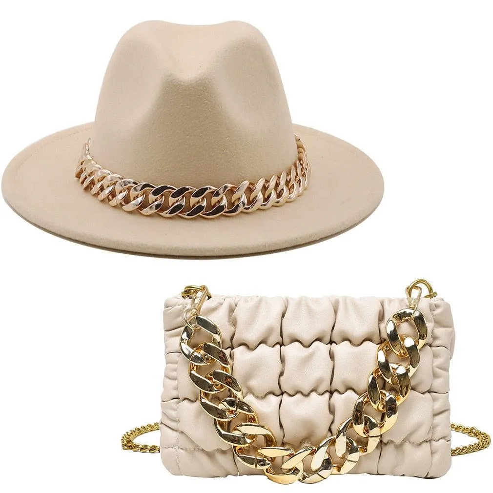 Luxury Fedora Hat And Oversized Chain Handbag