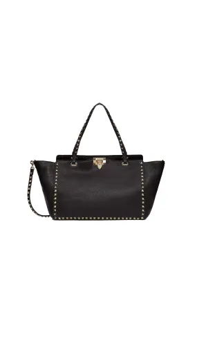 Medium Grainy Calfskin Rockstud Bag - Black