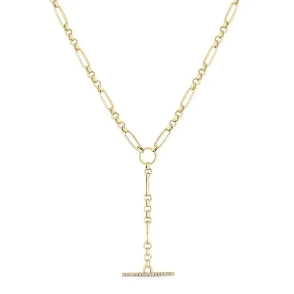 Medium Mixed Paperclip & Rolo Chain with Pave Diamond Toggle Lariat Necklace