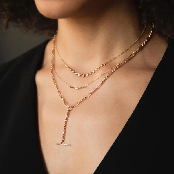 Medium Mixed Paperclip & Rolo Chain with Pave Diamond Toggle Lariat Necklace