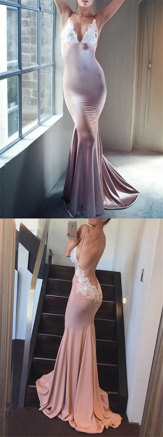 Mermaid Spaghetti Straps Backless V-neck Appliques Evening Party Prom Dresses,PD0195