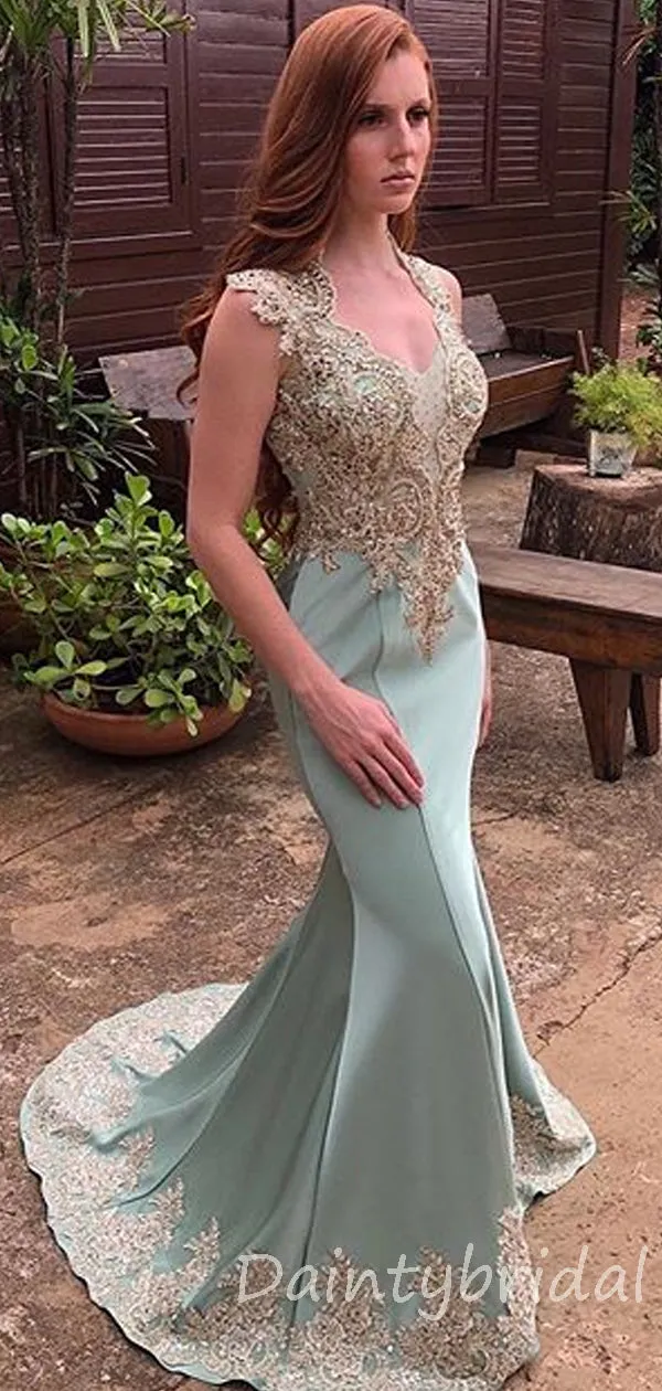 Mermaid V-neck Satin Long Prom Dresses Evening Dresses.DB10358