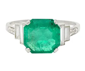 Mid-Century 4.03 CTW Colombian Emerald Diamond Platinum Cocktail Ring GIA