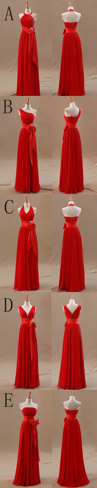 Mismatched Junior Chiffon Red Long A-line Floor Length Bow Sash Cheap Maxi Bridesmaid Dresses, WG63