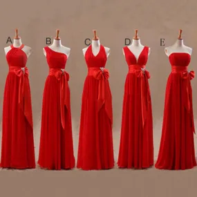 Mismatched Junior Chiffon Red Long A-line Floor Length Bow Sash Cheap Maxi Bridesmaid Dresses, WG63