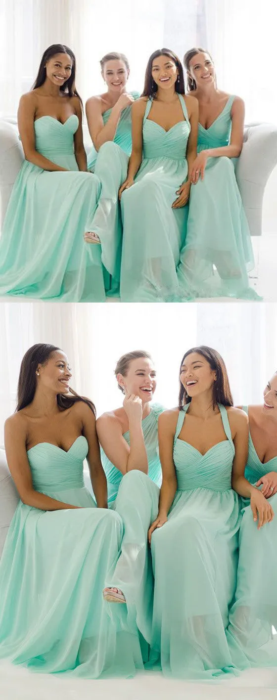 Mismatched Mint Chiffon Different Styles Junior Simple A Line Formal Floor-length Bridesmaid Dresses, WG109