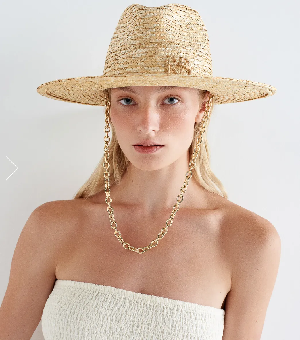 Monogram-embellished Chain Strap Straw Fedora Hat