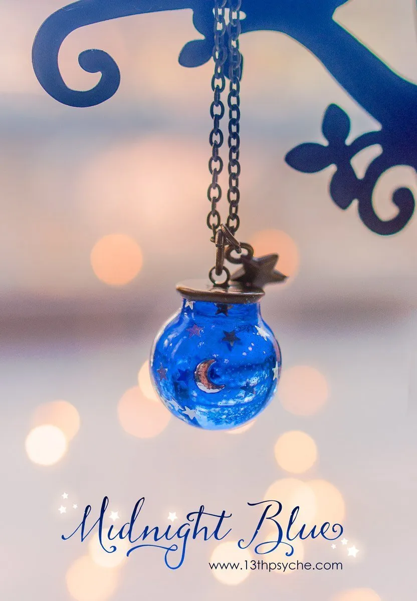 Moon and stars blue sphere necklace