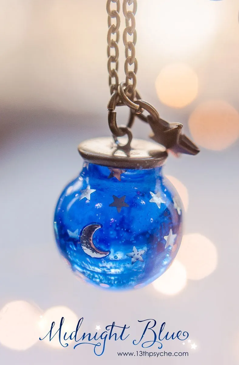 Moon and stars blue sphere necklace