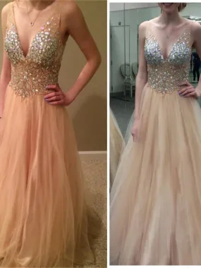 New Arrival Blush Pink V-Neck Sexy Sparkly Rhinestone Tulle Ball Gown Evening Party Prom Dresses,PD0127