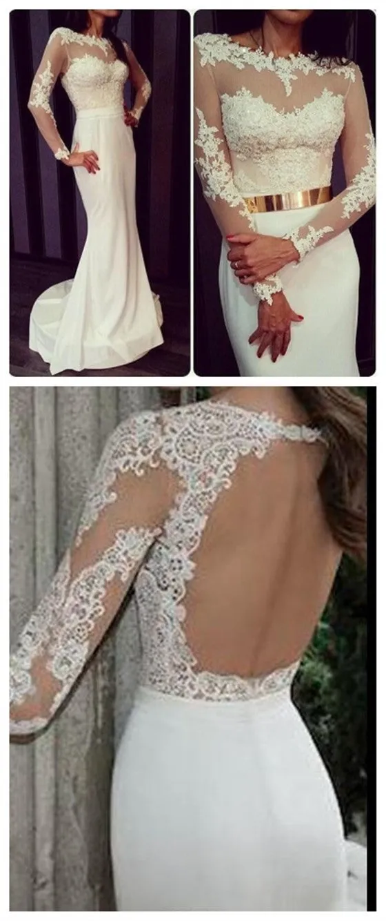 New Arrival Ivory Lace Long Sleeve Sexy Mermaid Charming Open Back Party Gown Prom Dress,PD0118