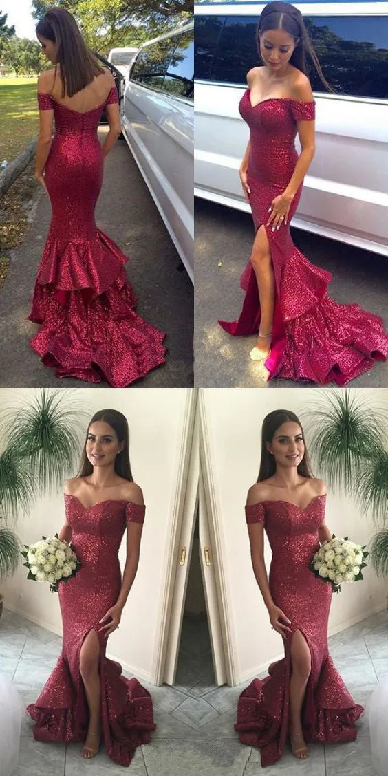 New Arrival Red Sequined Off Shoulder Ruffles Mermaid Sexy Split Side Evening Party Prom Dresses, PD0184