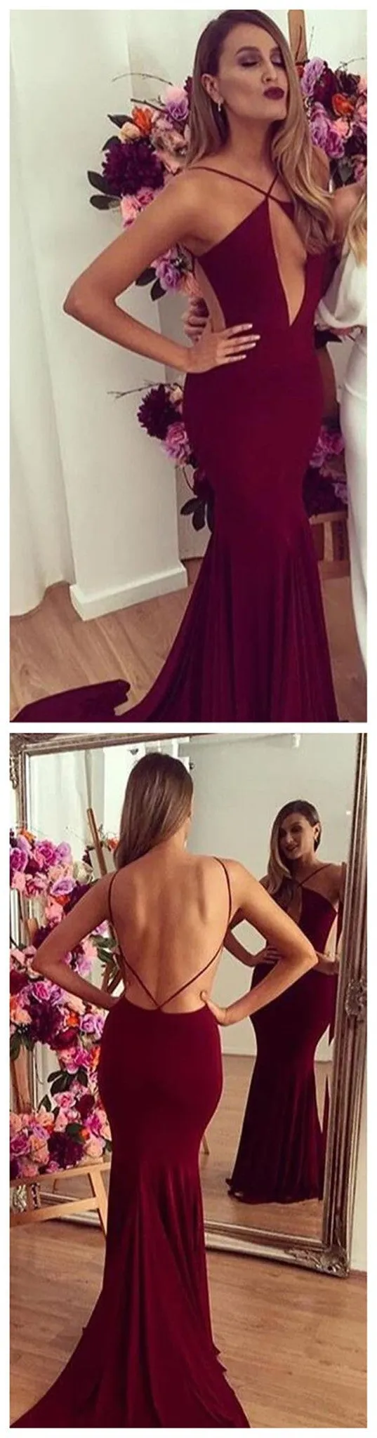 New Arrival Sexy Burgundy Spaghetti Strap Backless Mermaid Simple Evening  Prom Dresses,PD0114