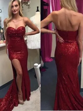 New Arrival Strapless Sweetheart Side Slit Red Sequined Sparkle Sexy Charming Prom Dresses,PD0146