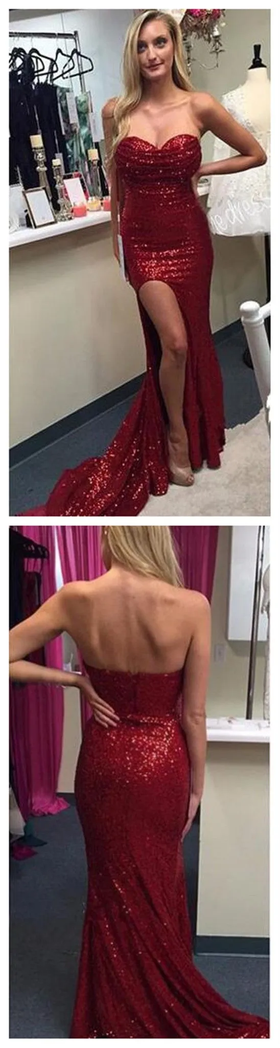 New Arrival Strapless Sweetheart Side Slit Red Sequined Sparkle Sexy Charming Prom Dresses,PD0146