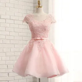 Newest Pink Lace Cap Sleeve A-line Yarn Back With Bow Sash Pretty Junior Homecoming Dress,BD0140