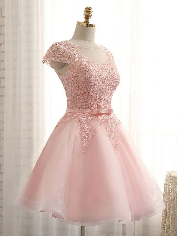 Newest Pink Lace Cap Sleeve A-line Yarn Back With Bow Sash Pretty Junior Homecoming Dress,BD0140