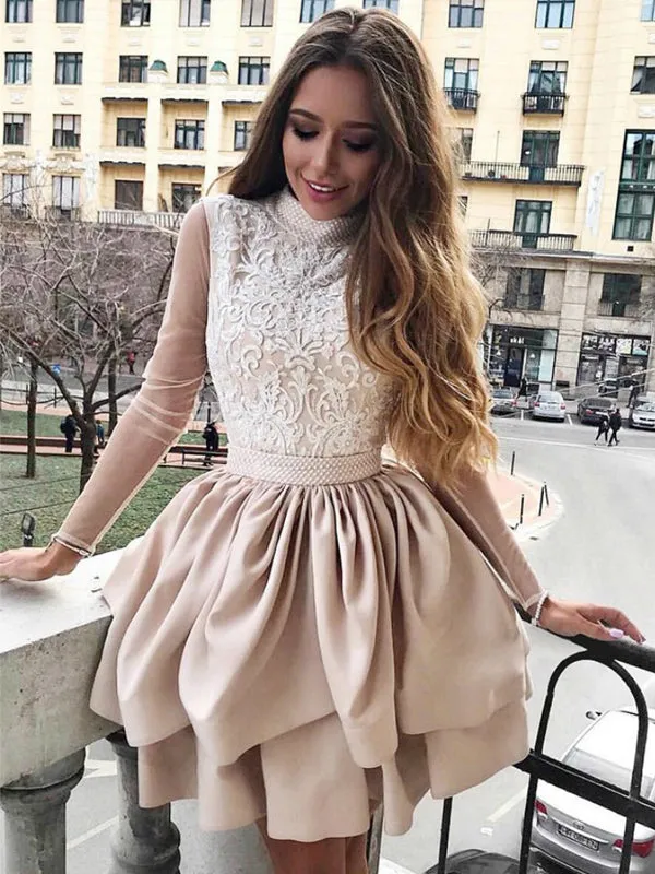 Nude Satin Lace Long Sleeve High Neck Tiered Petal Homecoming Dresses ,BD0179