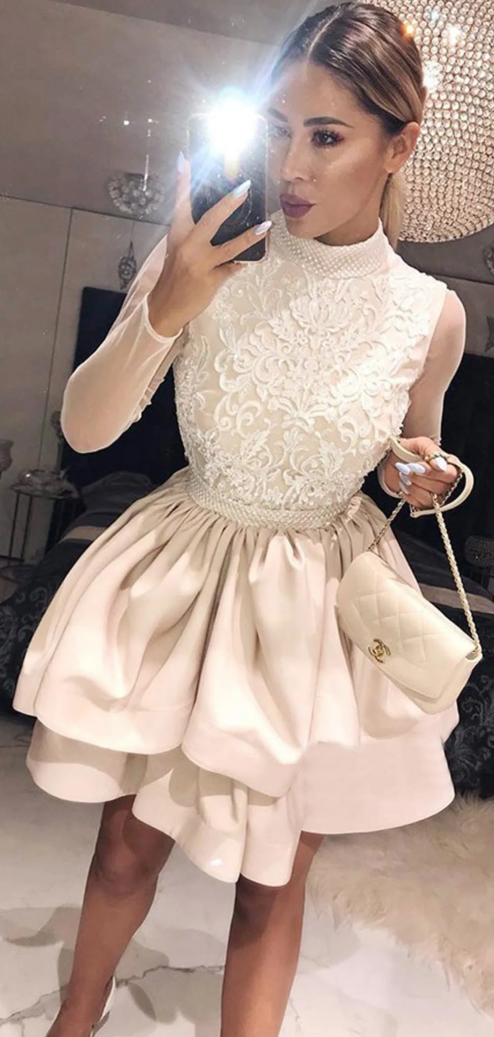 Nude Satin Lace Long Sleeve High Neck Tiered Petal Homecoming Dresses ,BD0179