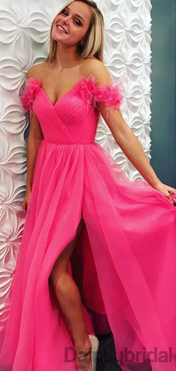 Off-shoulder Side Slit Floor Length Tulle Long Prom Dresses Evening Dresses.DB10291