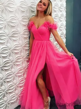 Off-shoulder Side Slit Floor Length Tulle Long Prom Dresses Evening Dresses.DB10291