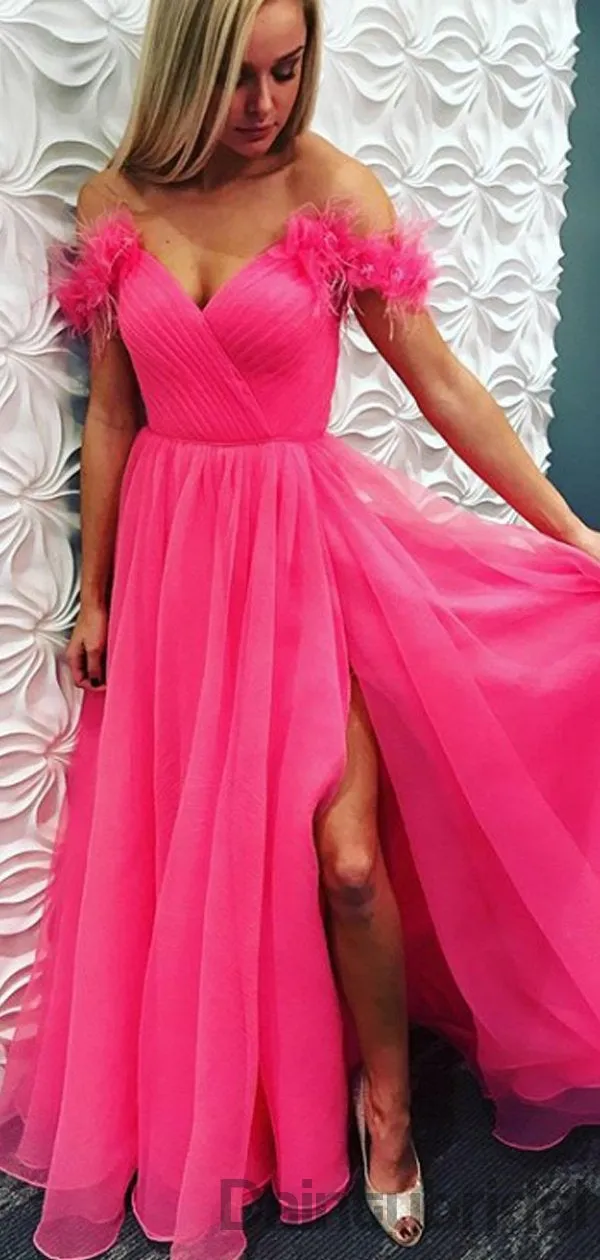 Off-shoulder Side Slit Floor Length Tulle Long Prom Dresses Evening Dresses.DB10291