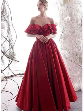 Off the Shoulder Red Satin Long Formal Evening Prom Dresses, BG161