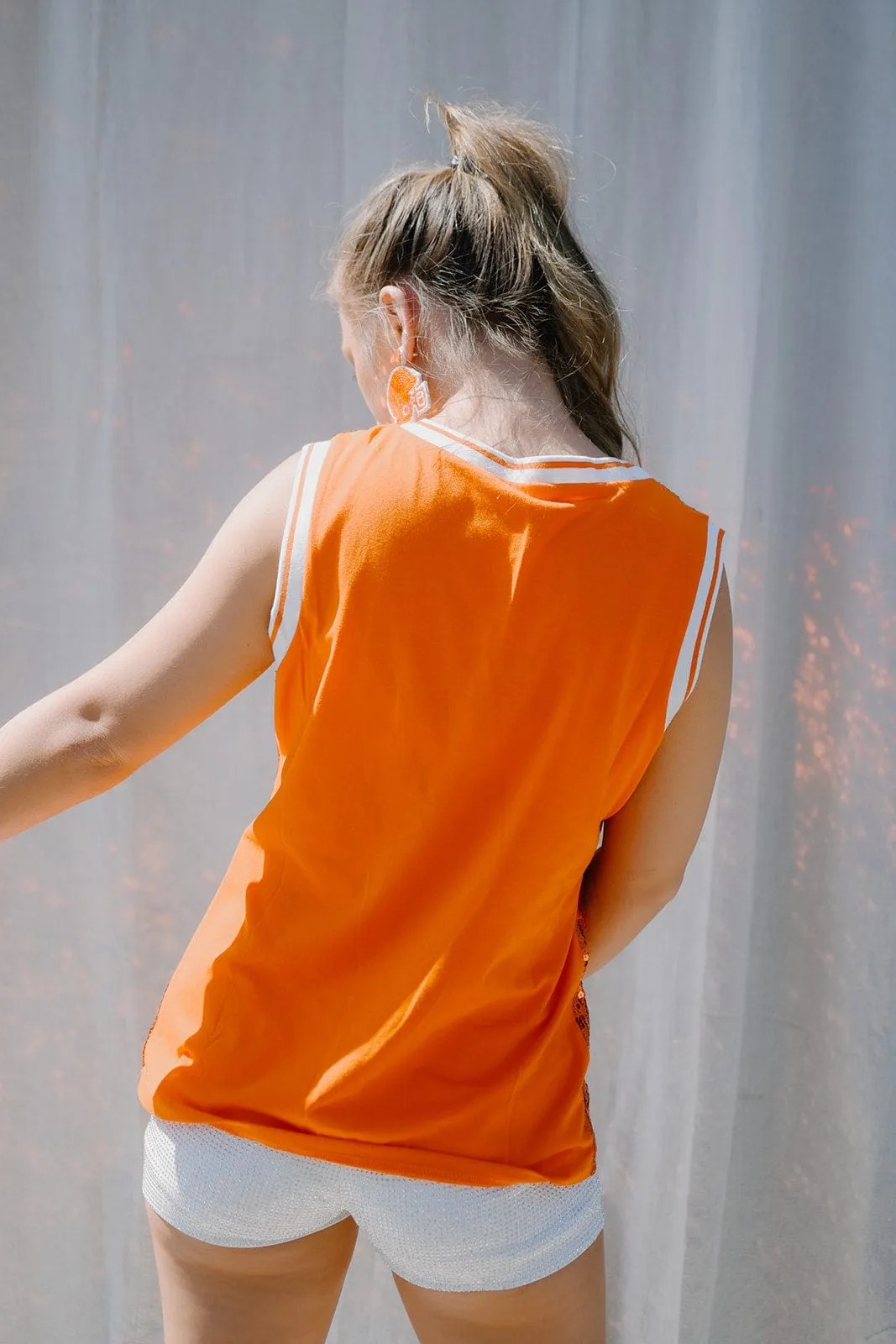 Orange & White Sequin Sleeveless Jersey