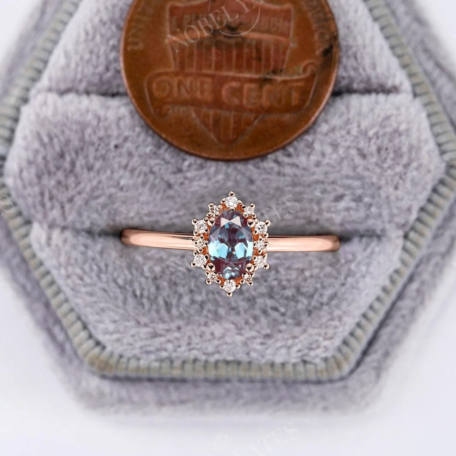 Oval Lab Alexandrite Halo Rose Gold Engagement Ring