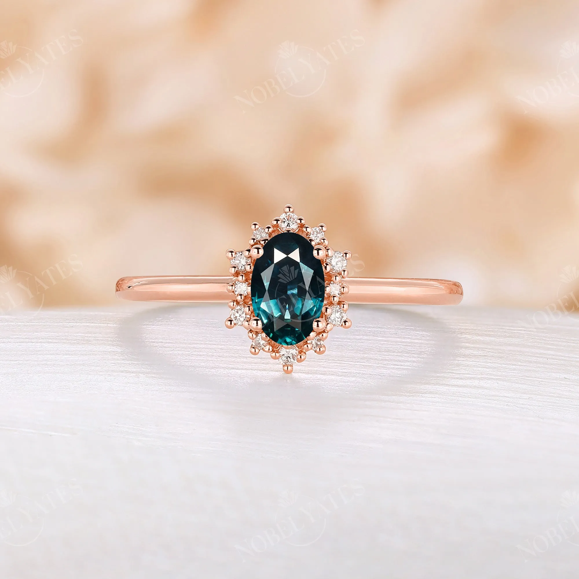 Oval Lab Alexandrite Halo Rose Gold Engagement Ring