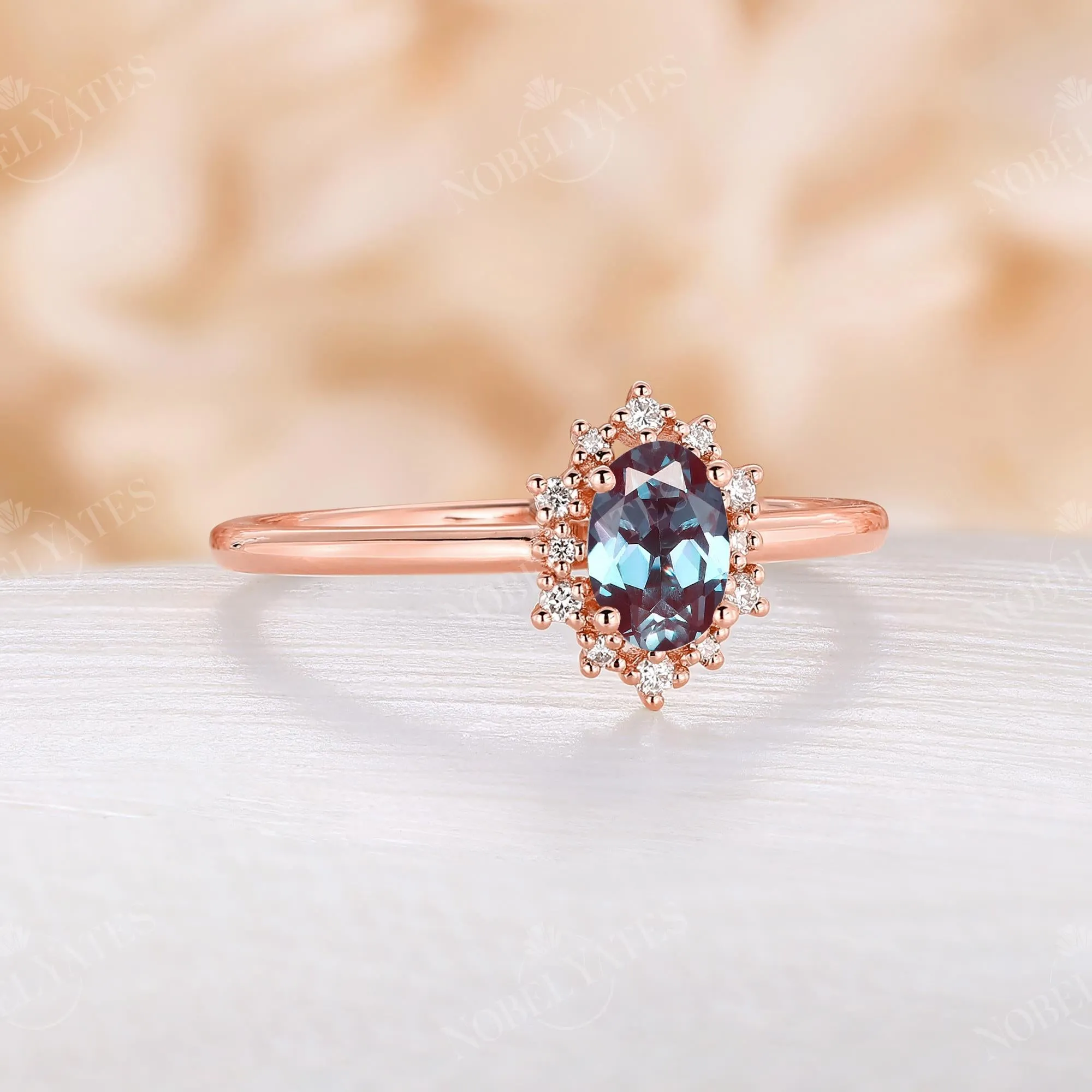 Oval Lab Alexandrite Halo Rose Gold Engagement Ring