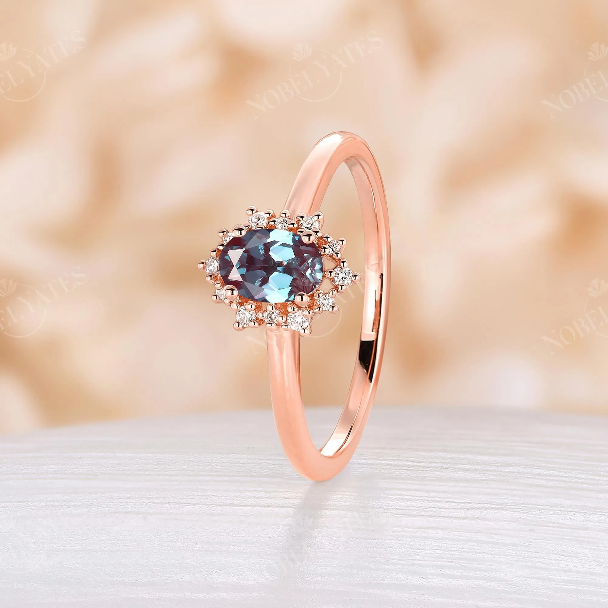 Oval Lab Alexandrite Halo Rose Gold Engagement Ring