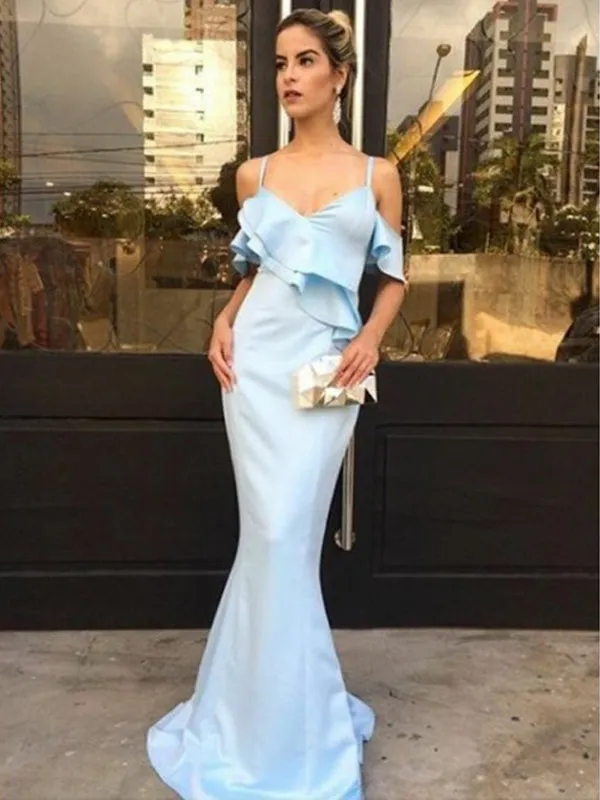 Pale Blue Elastic Satin Mermaid Elegant Prom Dresses, DB1083