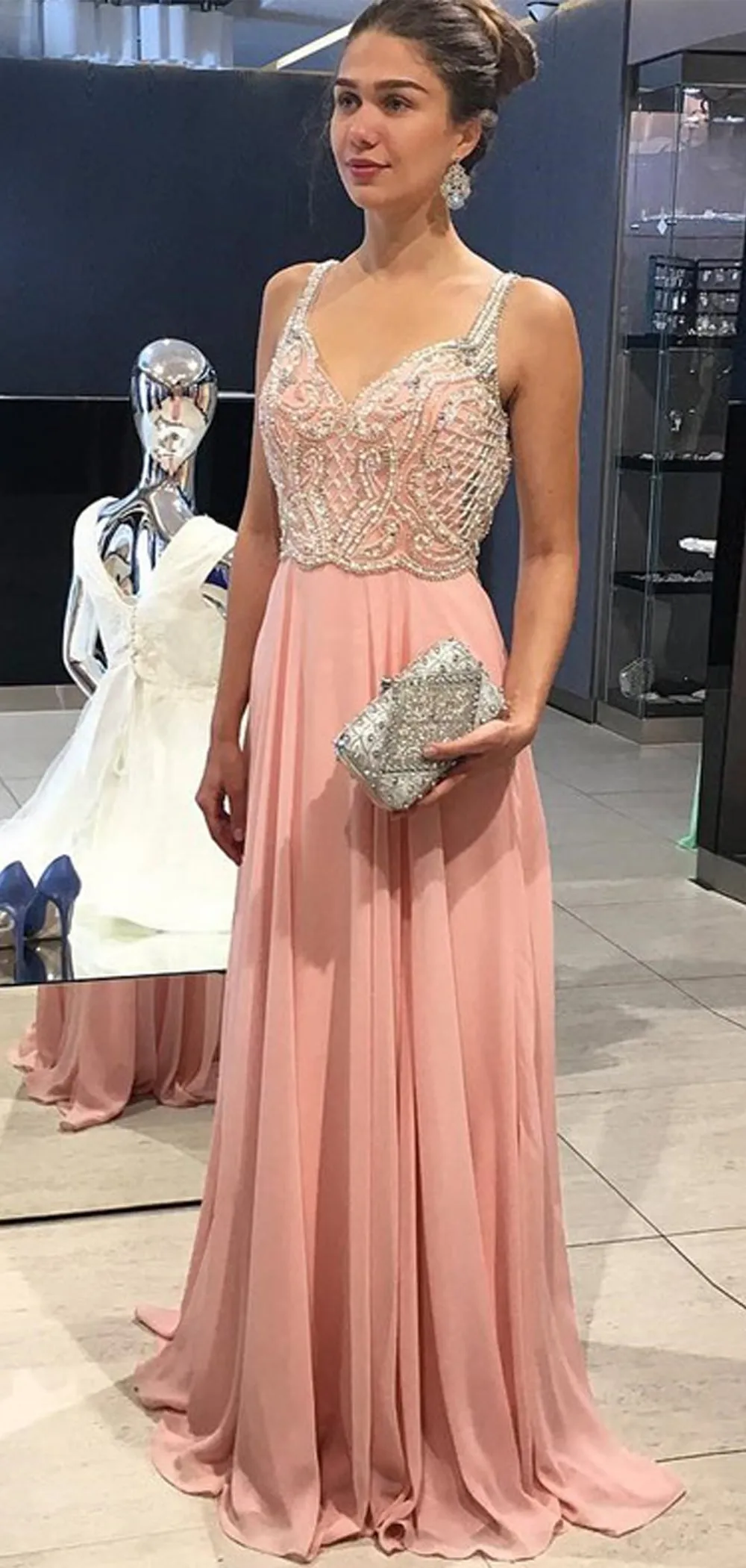 Peach Chiffon Beading Backless A-line Prom Dresses , DB1081