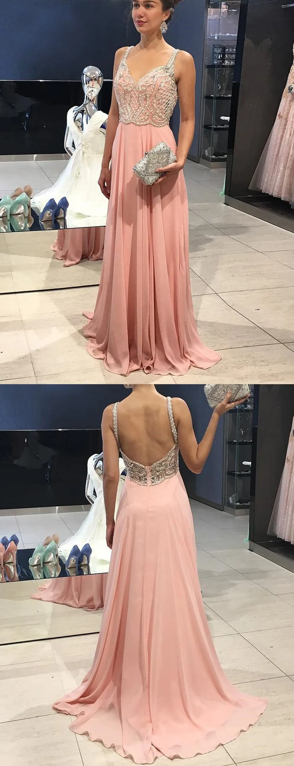 Peach Chiffon Beading Backless A-line Prom Dresses , DB1081