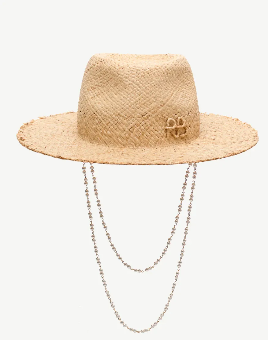 Pearl Chain Frayed-Brim Fedora Hat