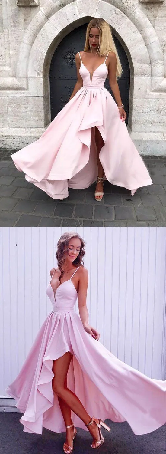 Pink  High Low Prom Dresses with Spaghetti Straps